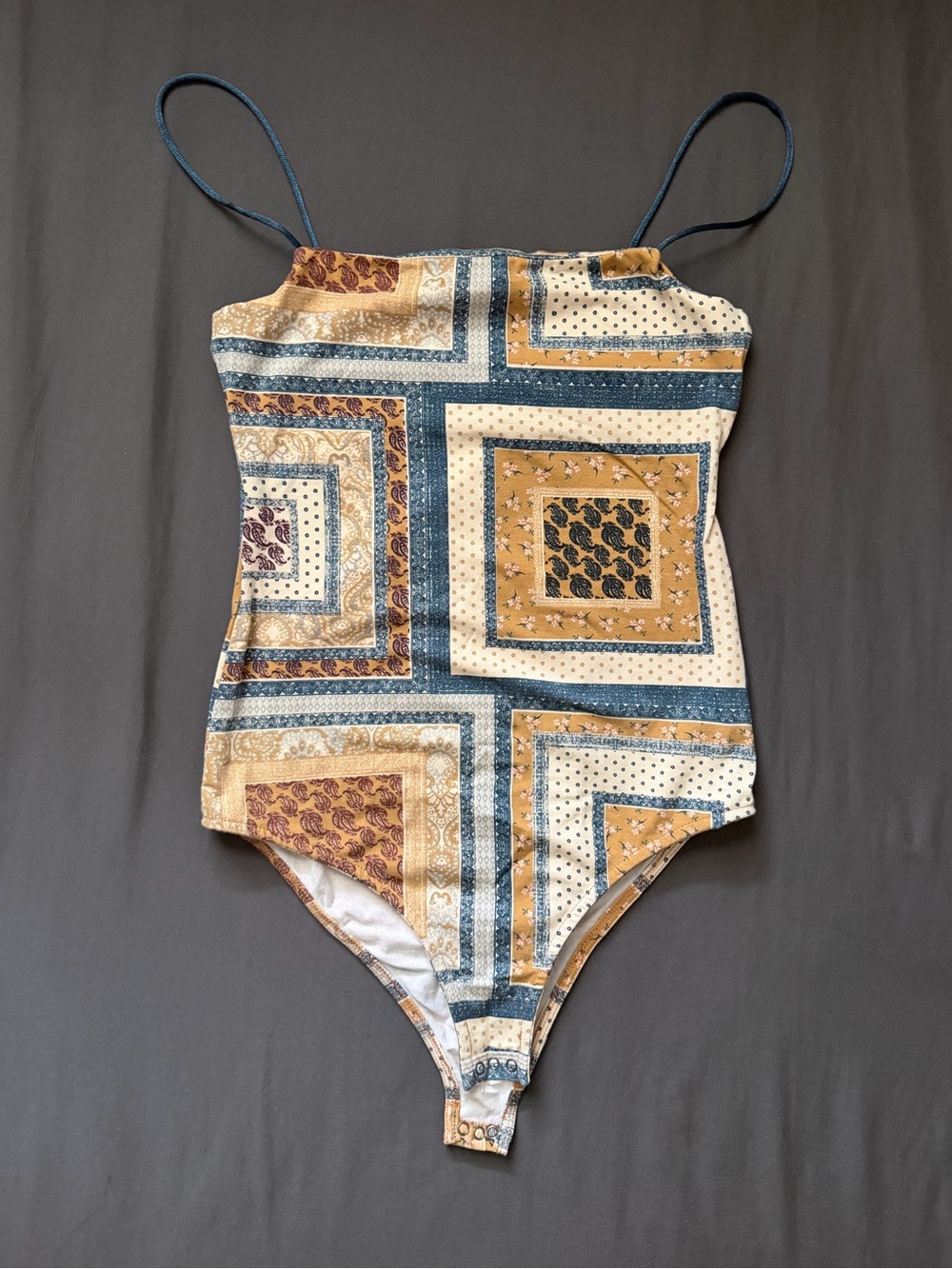 Cotton On Patchwork Print Bodysuit in Mustard, Teal & Cream
